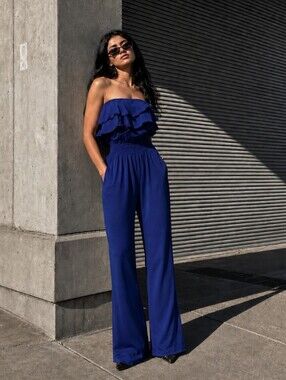 Jay Godfrey Silk Navy Jumpsuit Strapless Sleeveless Wide Leg Navy Long Onepiece